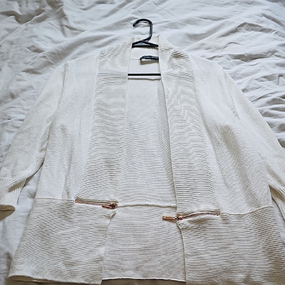 White Open Front Cardigan with Zipper Accents
